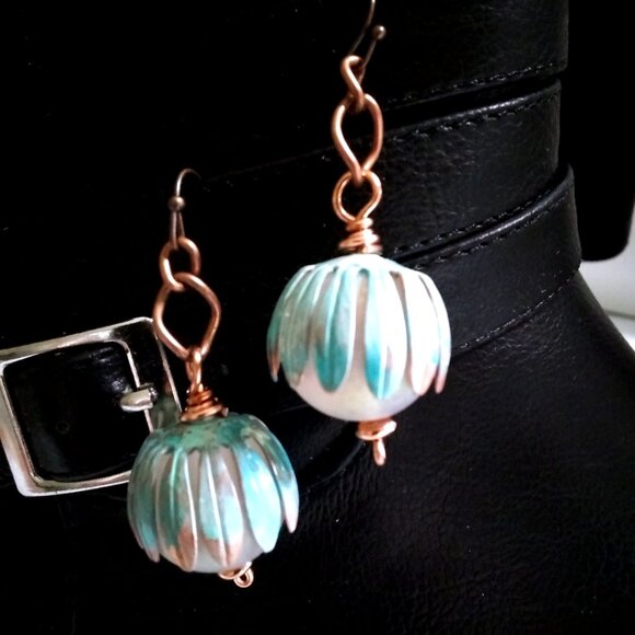 Bold Beauties! Patina Painted Copper & Lightweight Floral Blossom Globe Earrings - Picture 7 of 11